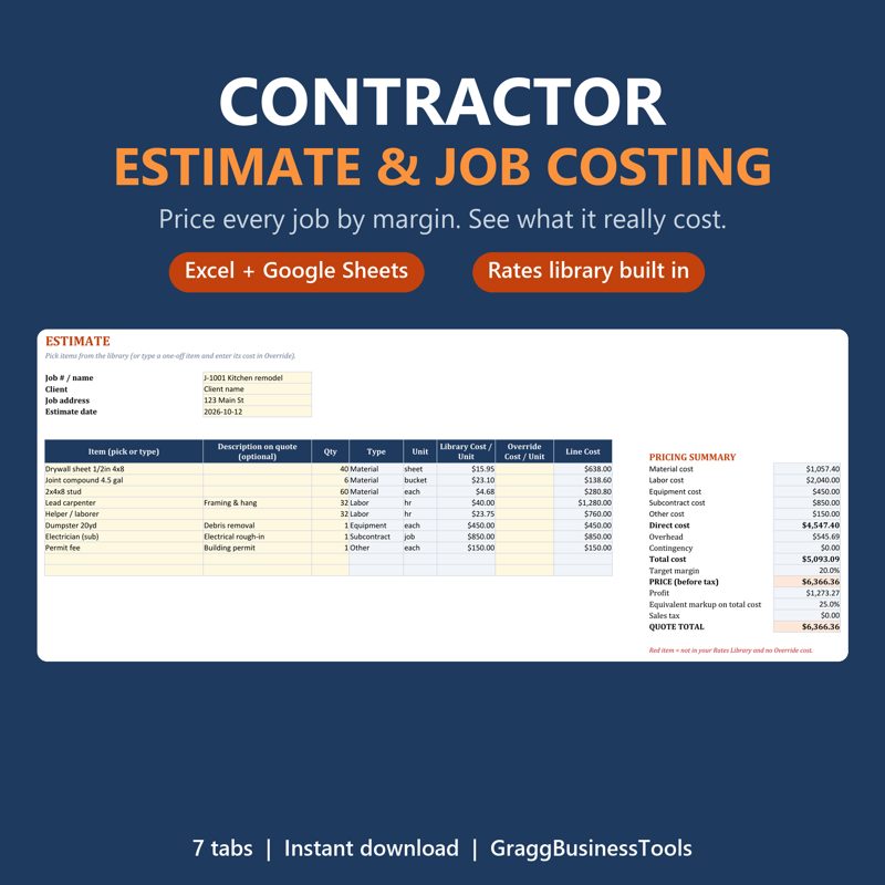 Contractor Estimate and Job Costing Workbook